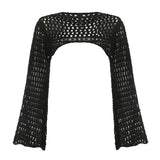 Women Y2k Crochet Knit Hollow Out Crop Top Long Flared Sleeve Shrug Sweater Mesh Cover Ups Cardigan Streetwear Pullover Women