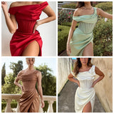 High Quality Satin Bodycon Dress Elegant Women Party Dress Red Off The Shoulder Sexy Dress Celebrity Evening Night Dresses