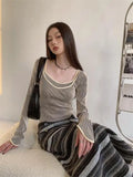 Long Sleeve Striped Harajuku T-shirt Women Fake Two Pieces Tops Y2k Vintage T Shirt Grunge Aesthetic Korean Style Tops