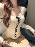 Autumn Pure Color Knitted Sweater Women Outwear Casual Long Sleeve Sexy Vintage Lace Pullovers Bodycon Y2k Blouse Korean