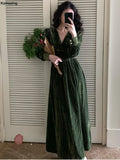 Women Vintage V Neck Velvet Dresses French Style Elegant Slim Waist Party Prom Robe Autumn Winter Long Sleeve One Piece Vestidos