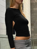 Backless Sexy Black T-shirts Women Autumn Long Sleeves Crop Top Casual Streetwear Bodycon Fashion Solid Basic T-shirts Female