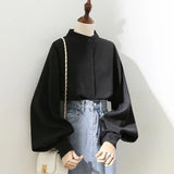 HiqdressWoman Spring Autumn Style Blouses Shirt Lady Long Lantern Sleeve Stand Collar Loose Blusas Tops