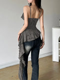 Summer Irregular Ruffled Camisole Women Backless Y2k Vintage Solid Hole Tanks Female Grunge Sexy 2000s Aesthetic Long Tops