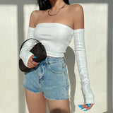 Female Crop Tops T-shirts, Solid Color Boat Neck Off Shoulder Sexy Tops Pullover with Long Sleeves for Summer Club Wear