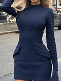 Autumn and Winter Women Stand Collar Office Lady Dress Flare Sleeve Long Sleeve Dress Navy Casual Slim Dress