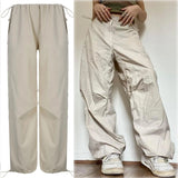 HiqdressWomen Y2K Cargo Pants Solid Low Waist Sweatpants Drawstring Wide Leg Baggy Trousers 2023 Summer Streetwear Punk Casual Tech Pant