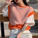 Korean Style Fashion Sweater Vest Women's Spring 2024 New O Neck Patchwork Loose Pullover Female Chic Sweater Lazy Knitted Top