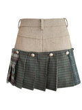 Women Korean Fashion Vintage Patchwork Plaid Mini Pleated Skirt Shorts Removable Culottes Maillard Gyaru 2000s Aesthetic Design