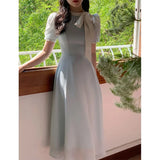 Vintage Elegant Dress Women Fairy Bow Lace Up Puff Sleeves A Line Midi Dresses Summer Office Lady Korean Casual Vestidos