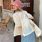 Sweet Shirts Women Kawaii Cute Print V Neck Puff Short Sleeve Blouse Student Korean Fashion Embroidery Loose Casual Top