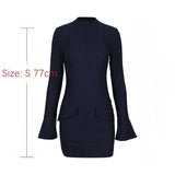 Autumn and Winter Women Stand Collar Office Lady Dress Flare Sleeve Long Sleeve Dress Navy Casual Slim Dress