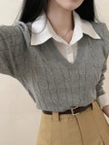 Autumn Knitted Pullover Women Preppy Style Fake Two Piece Sweater Korean Fashion Long Sleeve Top Female Elegant Patchwork Shirt