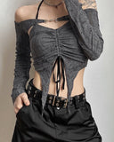 Goth Dark Vintage Mall Gothic Drawstring Women T-shirts 2 Piece Set Y2k Retro Fairy Grunge Camisole Long Sleeve Buckle Crop Tops