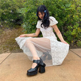 Y2k Fairycore See Through Floral Lace Mesh White Dress Summer Retro Puffy Short Sleeve Long Dresses Coquette