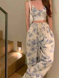 HiqdressSexy Y2k Floral Two Piece Top Pant Set Women Korean Casual High Street Summer Suits Elegant Mini Top Long Wide Leg Pants