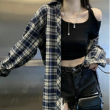 Women Plaid Shirt Korean Casual Harajuku Y2K All Match Loose Blouse Summer Fashion Hot Sweet Long Sleeve Ladies Top