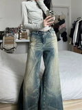 HOUZHOU Y2K Grunge Distressed Baggy Jeans Women Gyaru Vintage 90s Streetwear Flare Denim Pants American Retro Aesthetic Trousers