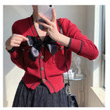 Knitted Cardigan Female Red Short Fashion Sweater women's Loose Bow Solid Long-Sleeved Kawaii  Autumn High-Waist Knitted Top