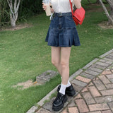 High Waist Y2K Jean Skirts Women Retro Mini Denim Pleated Skirts Harajuku Punk Belt Korean Student Casual A Line Skirt