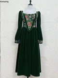 Vintage France Green Velvet Floral Dress for Women Chic Auricular A-line Party Prom Robe Winter Spring Harajuku Clothes