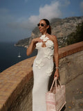 Sexy 3D Flower Knitted Dress Women  Hollow Out Halter Sleeveless Beach Long Dresses Female Summer Vacation Ladies Vestidos