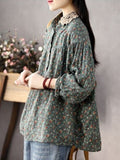 HiqdressWomen Long Sleeve Casual Shirts New Spring Vintage Style Lace Collar Floral Print Loose Female Cotton Tops Shirt