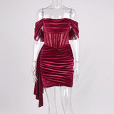 Off The Shoulder Velvet Dress Elegant Wine Red Bodycon Night Evening Party Dresses Draped Mesh Patchwork Women Dress