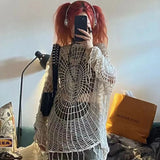 Lucyever Y2K Hollow Knit Hooded Tops Women Goth Spider Web Spice Girl Mesh Pullovers Female Korean Fashion Fishing Net Sweaters