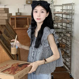 Sweet Plaid Sleeveless Shirt Women French Fashion Chic Preppy Style Tops Summer Casual Loose Patchwork Square Collar Blouse