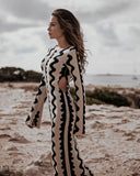 Wave Striped Women Knitted Maxi Dress Elegant O-neck Long Sleeve Bodycon Dress Autumn Streetwear Party Robe