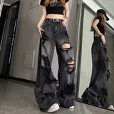 Women's Distressed Design Wide Leg Hole Jeans Summer New Street Unisex Style Trousers Loose High Waist Straight Denim Pants 4XL