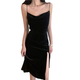 Vintage Women Dress Spaghetti Strap Slit Velvet Black Dress Sexy Bodycon Bandage Dress Midi Party Dress Verano Vestidos