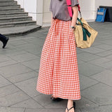 Plaid Wide Leg Pants Women Baggy Korean Style Panelled Temper Trousers Streetwear Pantalones Clothes Summer A-line Teens College