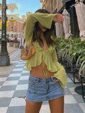 Vintage 90s Streetwear Ruffles Trim Green Chiffon T-shirts Y2K Fashion Sexy Deep V Lace Up Long Sleeve Tops Transparent