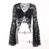 Dark Goth Lace See Through Mall Gothic Women T-shirts Emo Sexy Grunge Aesthetic Flare Sleeve Crop Tops Y2k Black V-neck Alt Tees