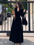 Women Vintage V Neck Velvet Dresses French Style Elegant Slim Waist Party Prom Robe Autumn Winter Long Sleeve One Piece Vestidos