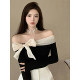 French Elegant Sweater Women Sexy Off Shoulder Bow Slash Neck Pullovers Ladies Y2K Korean Stretch Slim Long Sleeve Tops