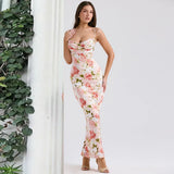 Summer Elegant Spaghetti Strap Wedding Guest Dress Pink Peony Print Maxi Dress Women Long Party Dresses