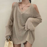 Deeptown High Street Knitted Sweater Women Korean Retro V-neck Off Shoulder Jumper Loose All-match Casual Sunscreen Elegant Tops