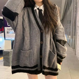 HiqdressGrey Striped Knitted Sweater Cardigan Women Korean Style Harajuku Oversize Jumper Preppy Fashion Female Tops Winter