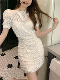 Spring Lace Design Elegant Y2k Mini Dress Woman Party Sexy Bodycon Dress Casual Puffer Sleeve One Piece Dress Korea Fashion