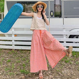 Plaid Wide Leg Pants Women Baggy Korean Style Panelled Temper Trousers Streetwear Pantalones Clothes Summer A-line Teens College