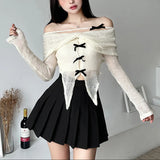 Apricot Gentle Sweet Mature Mature Beautiful Sexy All-match Casual Women Autumn One-line Collar Knitted Mesh Dovetail Top