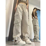 HiqdressWomen Big Pockets Cargo Pants Y2k High Elastic Waist Drawstring Baggy Trousers Vintage Casual Loose Side Zipper Straight Pants