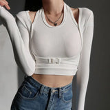 Slim Fit Long Sleeve T-shirts Women Solid Stylish Simple Chic Halter Fake-two Pieces Crop Tops Female All-match Fashion