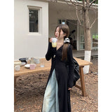 Streetwear Black Midi Dress Women Y2K V Neck Tunic Robe Korean Fashion Long Sleeve Slim All Match One Pieces Dresses New