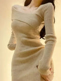 Korean Style Mini Knitted One-piece Dress Women Coquette Sexy Long Sleeve Tunic Cabaret Dresses Khaki Winter Clothes