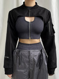 Zip Up Stand Collar Long Sleeve Black Cropped Jackets Women Pocket Safari Style Streetwear