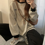 Popular Women T-shirts Striped Retro Comfort Slouchy Long Sleeve Tees Students Boyfriend Couple Trendy Females Tops Ulzzang Hot